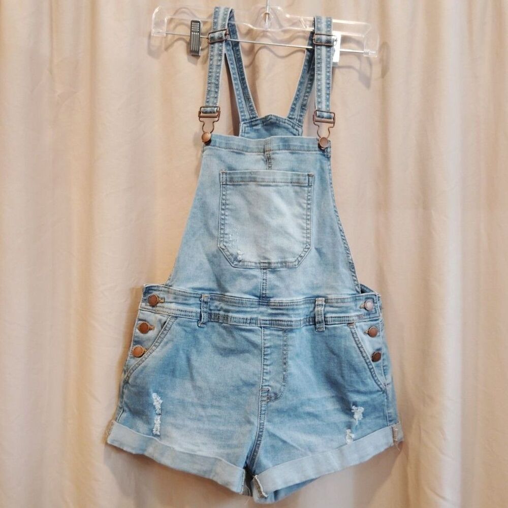 Encore Jeans Distressed Denim Shortalls Size 9 Light Wash Style 9525